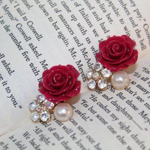 Red Rose Pearl Rhinestone Cocktail Earrings Dressy